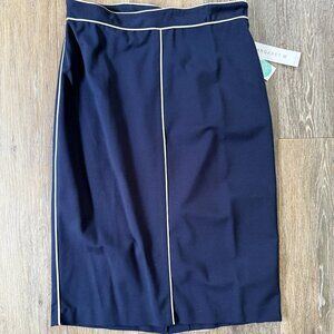 New Navy Blue Fitted Knit "Margaret M" Midi Skirt, White Piping Detail, Medium